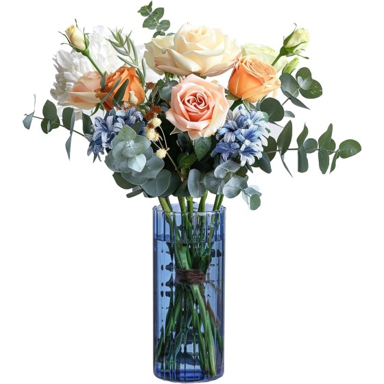 8 inch Clear Glass Flower Vases - Blue